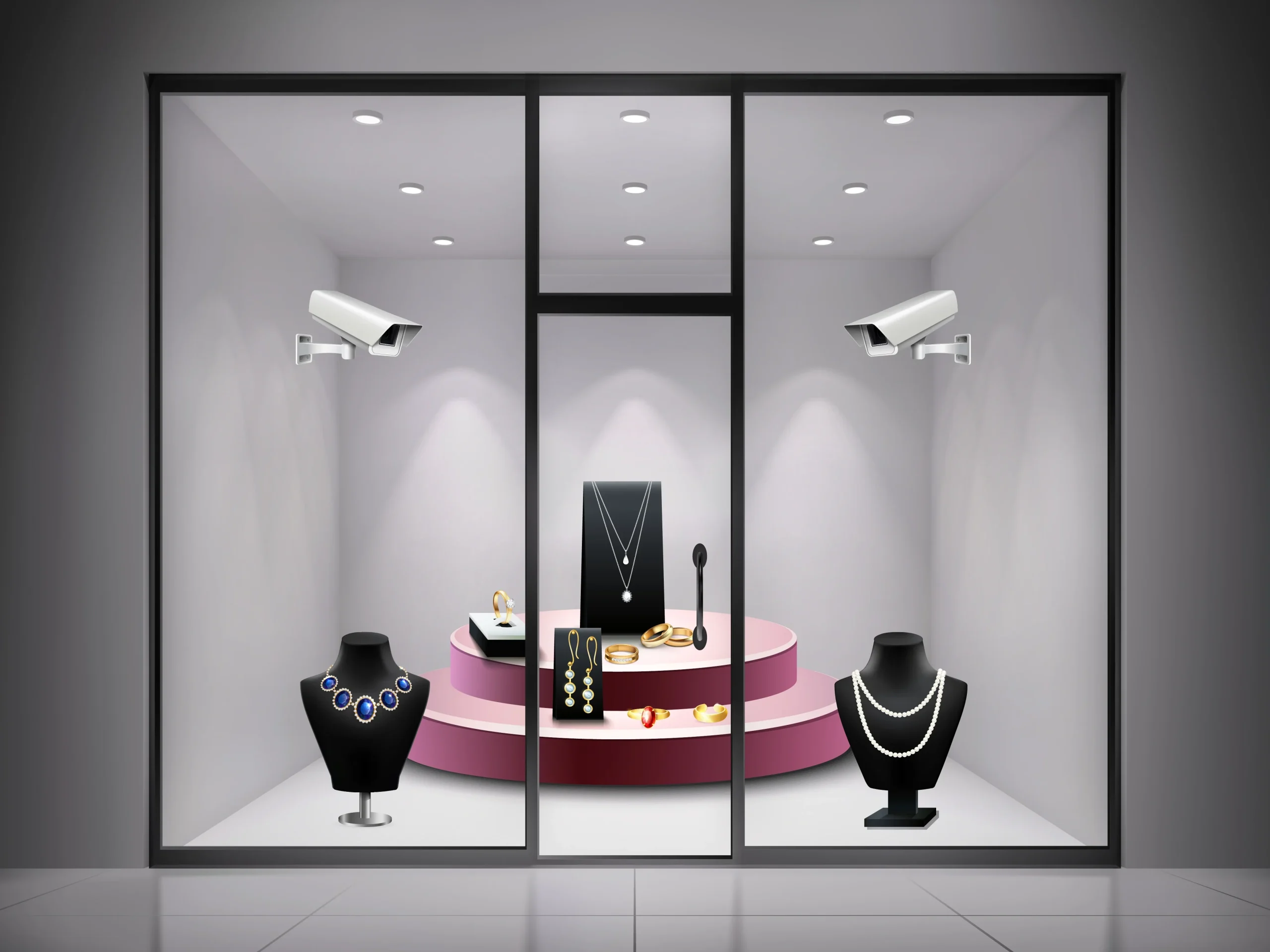 Vitrine bijouterie bien illuminée avec des bijoux exposés