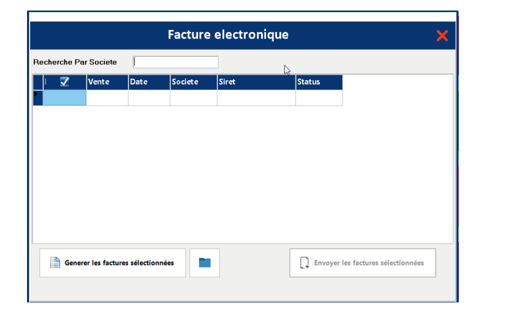Fenêtre Facture électronique : recherche par société, génération, dossier et envoi