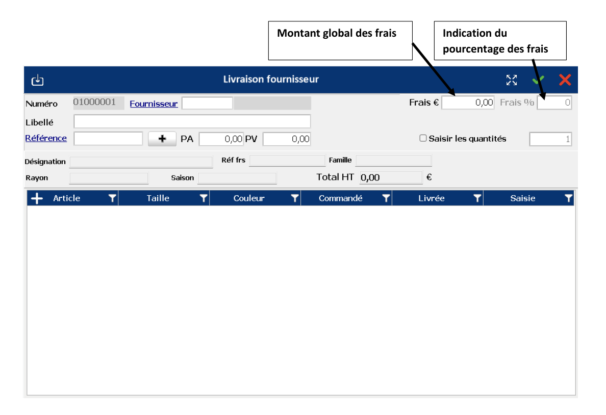 Livraison fournisseur : montant global des frais et pourcentage des frais