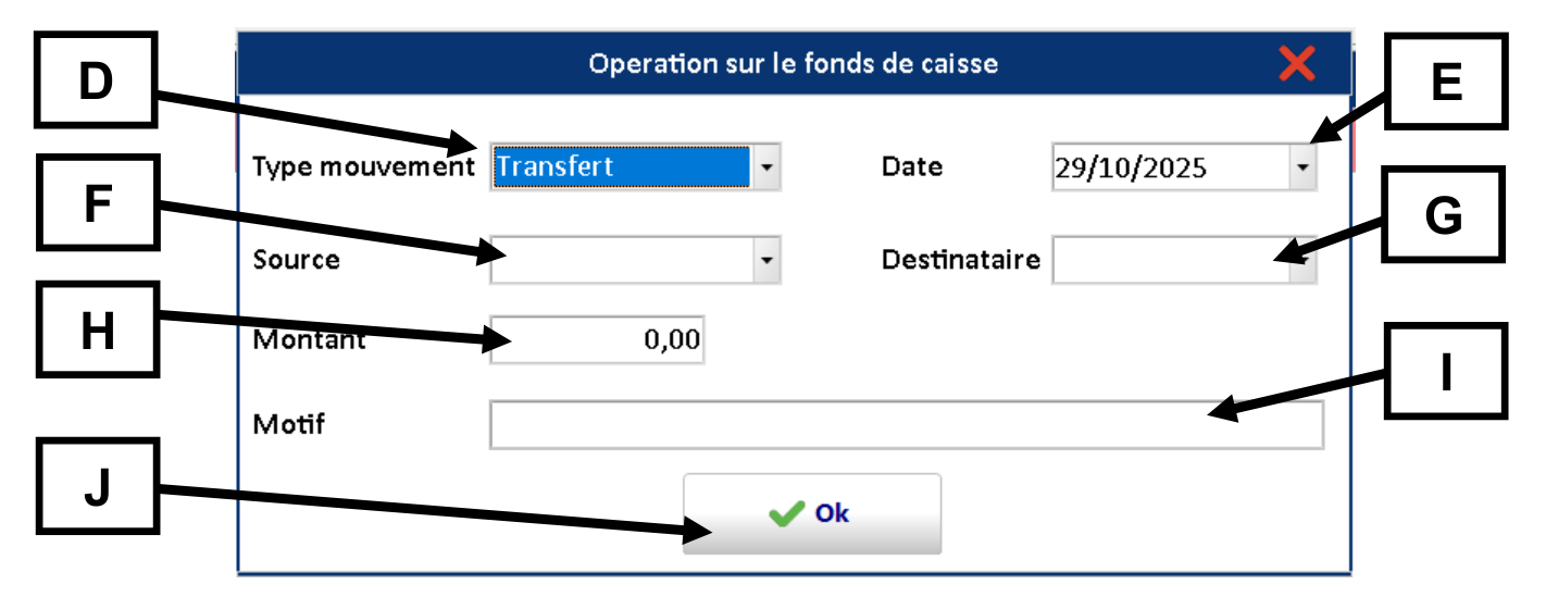 Opération sur le fonds de caisse en transfert : champs D à J